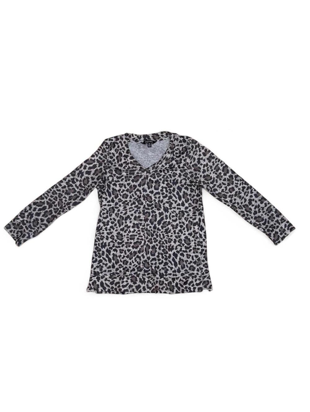 Ellen Tracy Grey Leopard Print V-Neck Long Sleeve Top 🖤✨